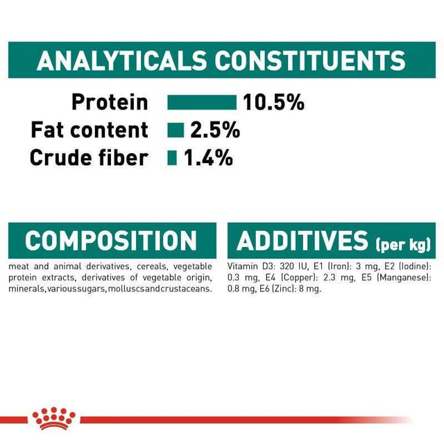 Nutritional analysis for Royal Canin Cat Instinctive +7 Wet Food showing protein, fat, fiber content, and additives.