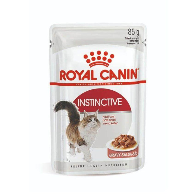 Royal Canin Cat Instinctive Gravy Wet Food Pouch 85g for adult cats with thin slices in gravy. Nutritious feline meal option.