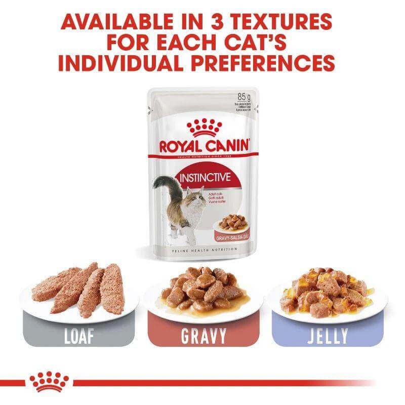 Royal Canin Cat Instinctive Gravy Wet Food pouch showcasing loaf, gravy, and jelly textures for feline preferences.
