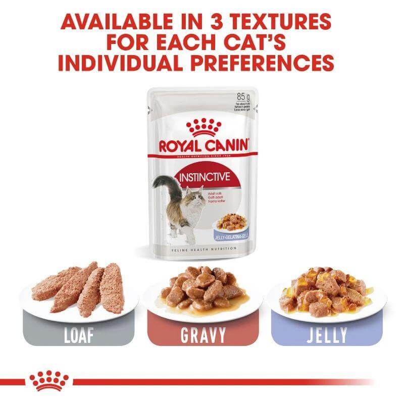 Royal Canin Instinctive wet food pouch showcasing loaf, gravy, and jelly textures for cats’ preferences, 85g package.