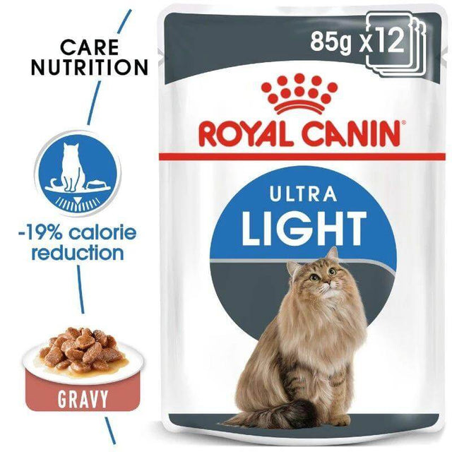 Royal Canin Ultra Light Wet Food Pouch 85g, designed for weight management in adult cats with gravy.