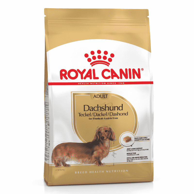 Royal Canin Dachshund Adult Dog Food packaging, tailored for Dachshunds over 10 months, promoting health and nutrition.