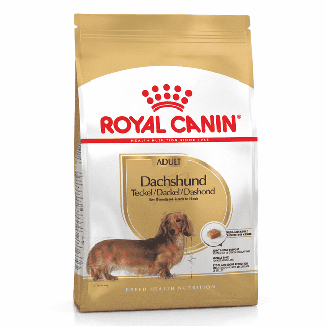 Royal Canin Dachshund Adult Dog Food packaging, tailored for Dachshunds over 10 months, promoting health and nutrition.