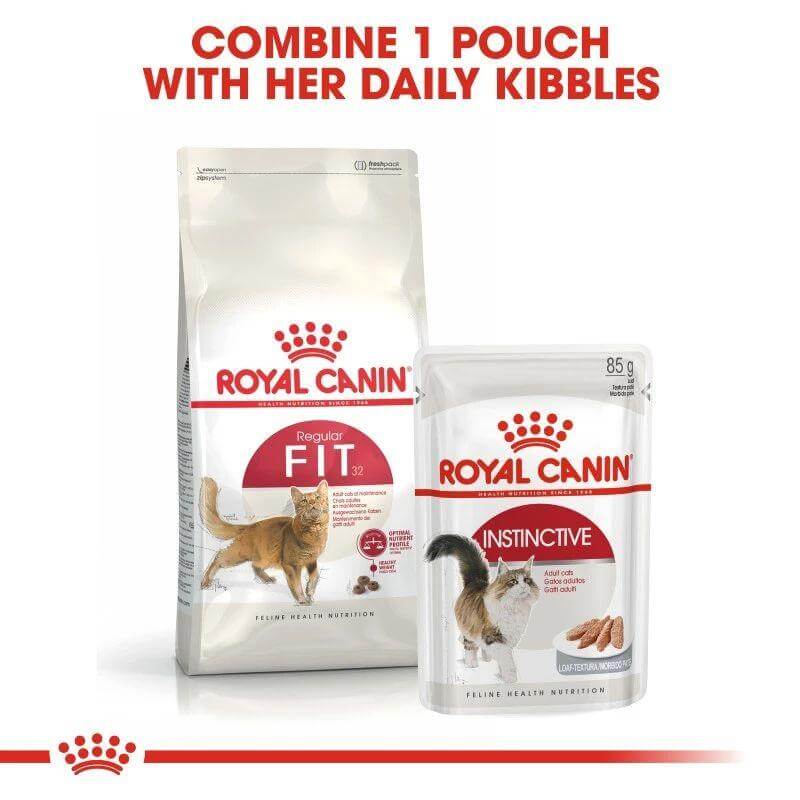 Royal Canin Fit 32 Cat Food and Instinctive pouch for balanced nutrition in adult cats. Ideal for healthy dietary combinations.