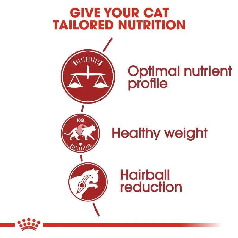 Infographic on Royal Canin Fit 32 Cat Food benefits: optimal nutrient profile, healthy weight, and hairball reduction.