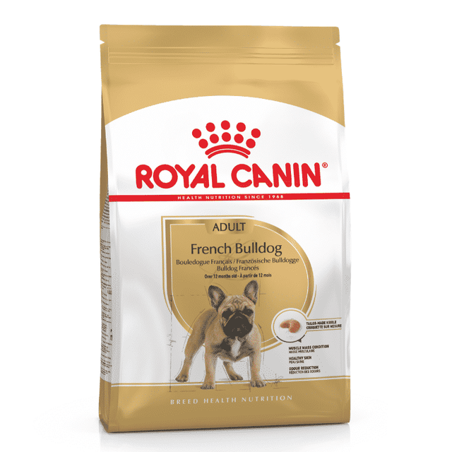 Royal Canin French Bulldog Adult Dog Food bag for dogs over 12 months, supports digestion and skin health.