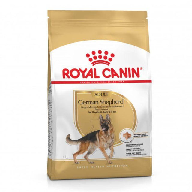 Royal Canin German Shepherd Adult Dog Food 11kg bag for healthy bones, joints, and skin in dogs over 15 months old.