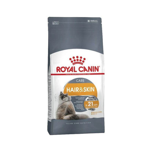 Royal Canin Hair & Skin Care Cat Food bag, promoting healthy skin and coat for adult cats.