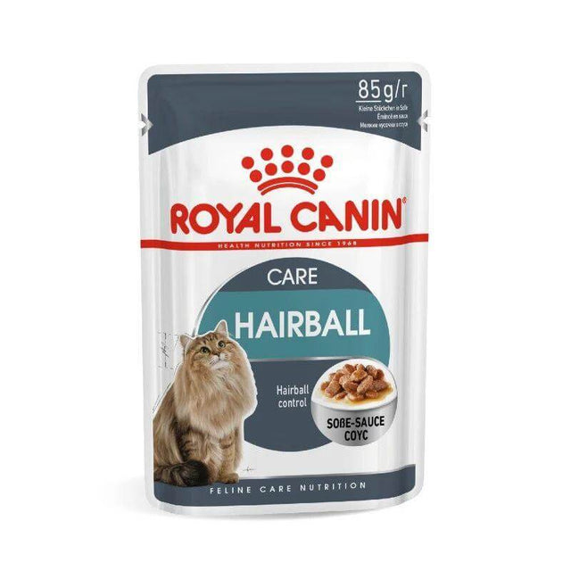 Royal Canin Hairball Care wet food pouch 85g for adult cats, designed to reduce hairballs with thin slices in gravy.