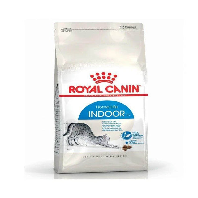 Royal Canin Indoor 27 Cat Food packaging with cat graphic, designed for adult indoor cats' optimal health and nutrition.