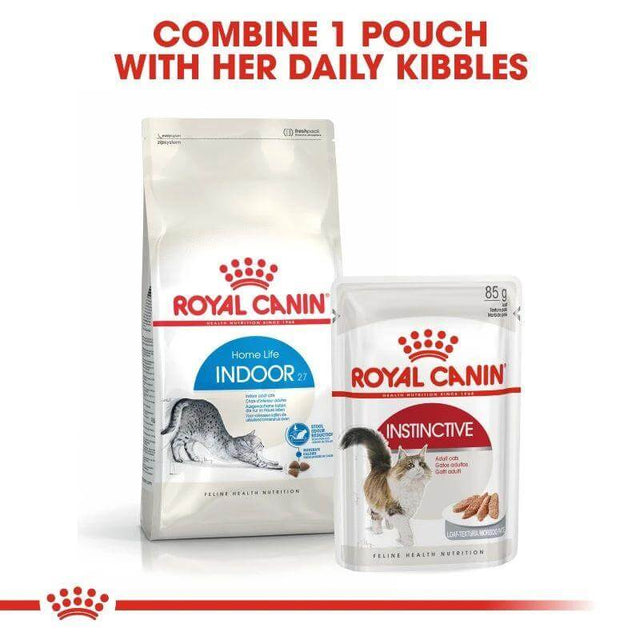 Royal Canin Indoor 27 and Instinctive cat food pouches for balanced feline nutrition and healthy diet.
