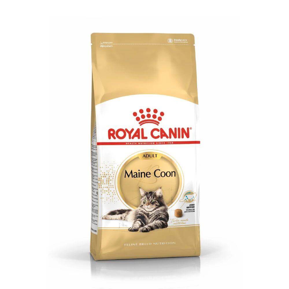 Royal Canin Maine Coon Adult Cat Food bag designed for the nutritional needs of adult Maine Coon cats.