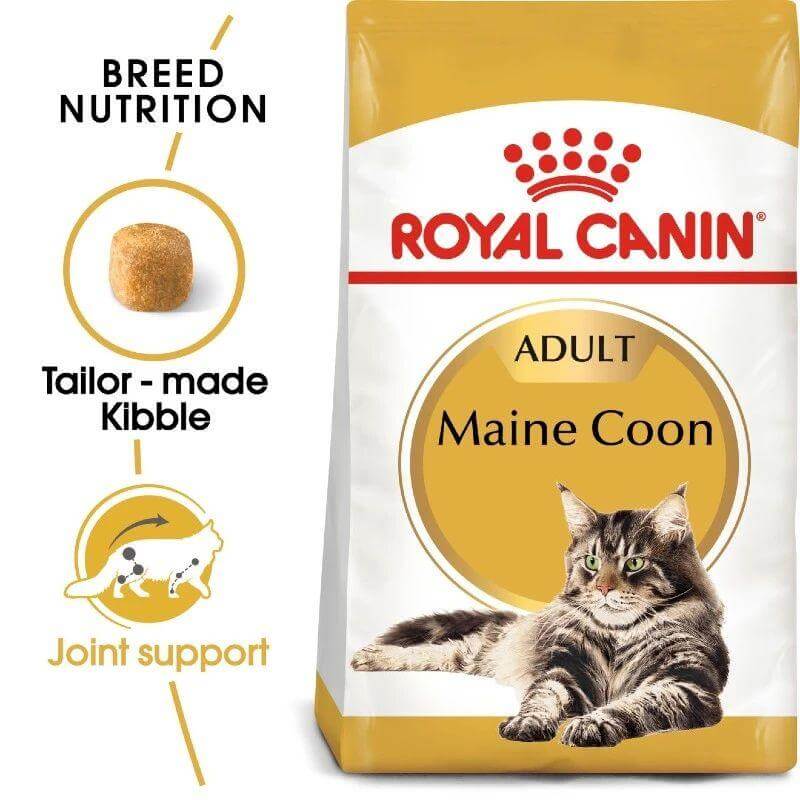 Royal Canin Maine Coon Adult cat food bag highlighting tailored nutrition and joint support features.