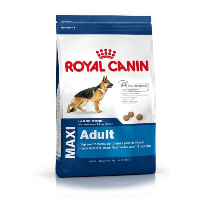 Royal Canin Maxi Adult Dog Food 15kg bag for large breed dogs with essential nutrients for healthy joints and skin.
