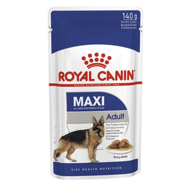 Royal Canin Maxi Adult Wet Dog Food 140g packaging for large breed dogs, with gravy and nutritional benefits.