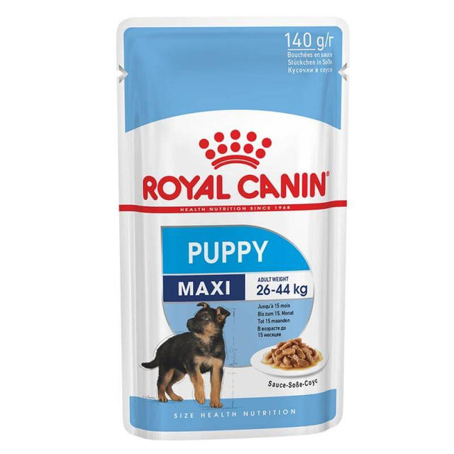 Royal Canin Maxi Puppy Wet Food 140g pack for large breed puppies, featuring a dog and gravy-soaked meal.
