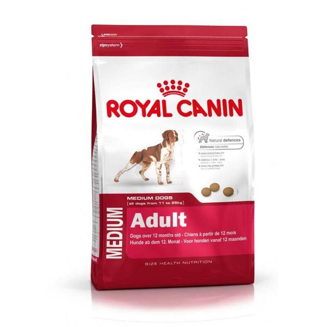 Royal Canin Medium Adult Dog Food bag for medium breed dogs, enriched with nutrients for healthy skin and natural defenses.