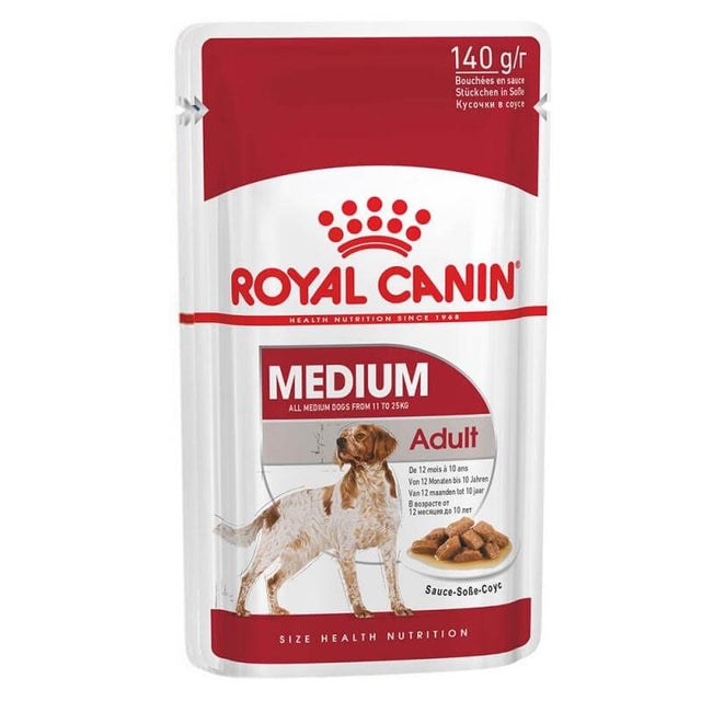 Royal Canin Medium Adult Wet Dog Food 140g pouch for medium breed dogs, promoting healthy skin and digestive health.
