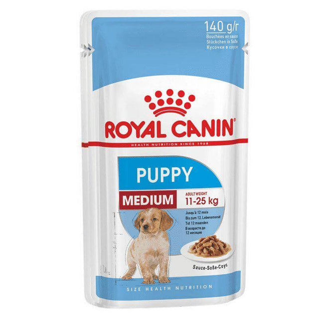 Royal Canin Medium Puppy Wet Food 140g pack for medium breed puppies, supporting health and growth.
