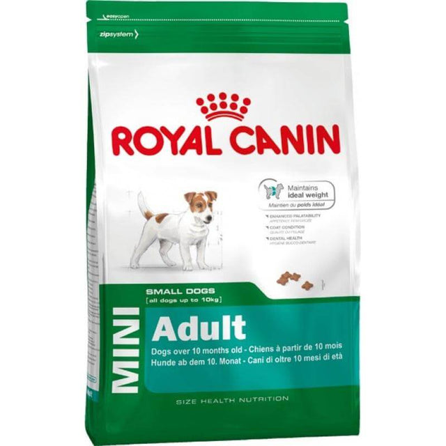 Royal Canin Mini Adult Dog Food bag for small dogs under 10 kg, enriched with L-Carnitine for healthy skin and weight management.