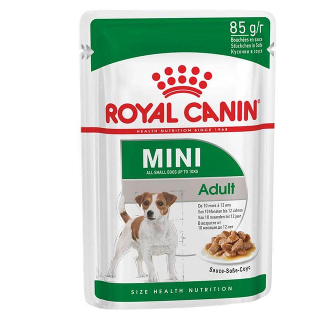 Royal Canin Mini Adult Wet Dog Food 85g for small breed dogs, featuring nutritious gravy and suitable for dogs up to 10 kg.
