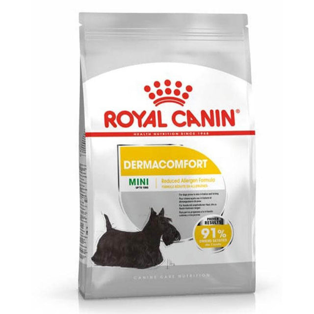 Royal Canin Mini DermaComfort Adult Dog Food 1kg bag for small breed dogs with skin sensitivities.