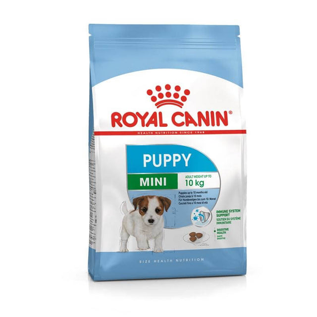 Royal Canin Mini Puppy Food 10 kg packaging designed for small breed puppies, supporting immune health and digestion.