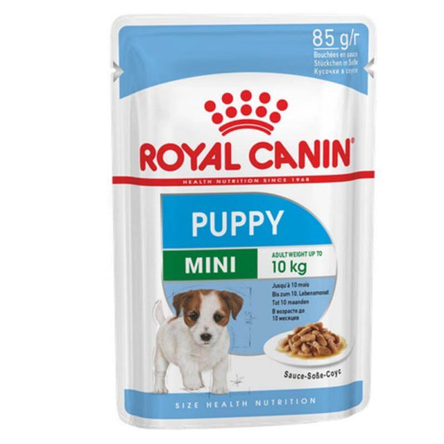 Royal Canin Mini Puppy Wet Food 85g pack for small breed puppies, suitable for dogs up to 10 kg and 10 months old.