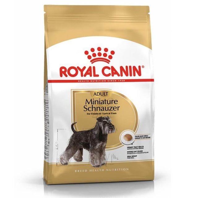 Royal Canin Miniature Schnauzer Adult Dog Food bag designed for healthy urinary support in adult Miniature Schnauzers.
