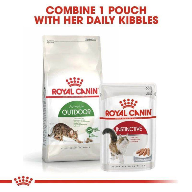 Royal Canin Outdoor and Instinctive cat food pouches showcasing active nutrition for healthy outdoor cats.