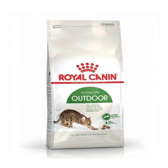 Royal Canin Outdoor Cat Food bag for active adult cats, providing balanced nutrition for outdoor lifestyles.