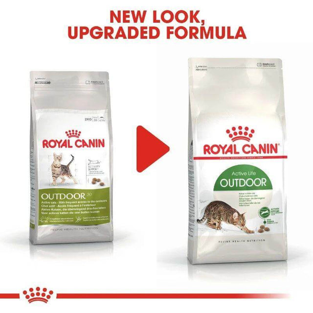 Royal Canin Outdoor Cat Food packaging comparison showing new design and upgraded formula for active outdoor cats.
