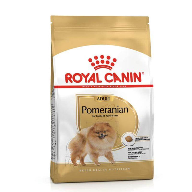 Royal Canin Pomeranian Adult Dog Food 3kg packaging, designed for healthy nutrition of adult Pomeranian dogs.