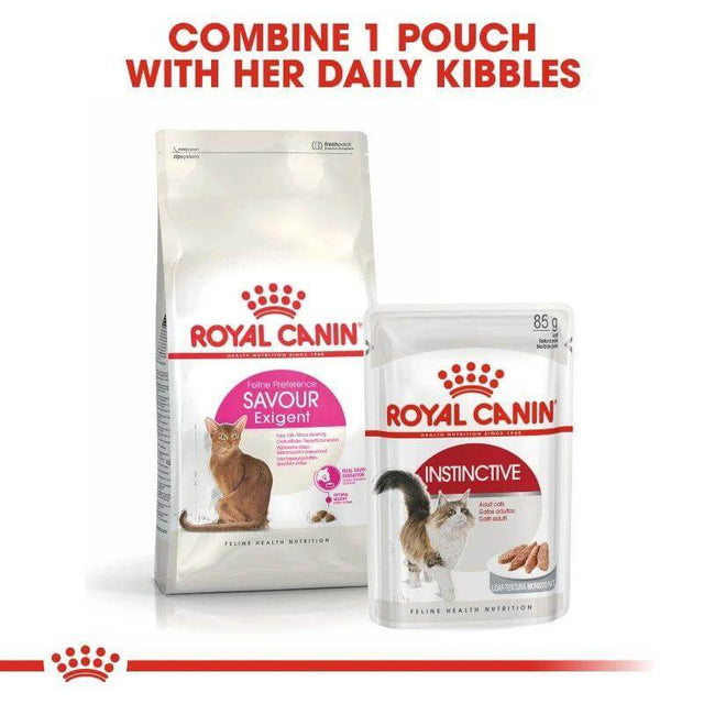 Royal Canin Savour Exigent and Instinctive cat food pouches for fussy cats, promoting nutrition and flavor diversity.