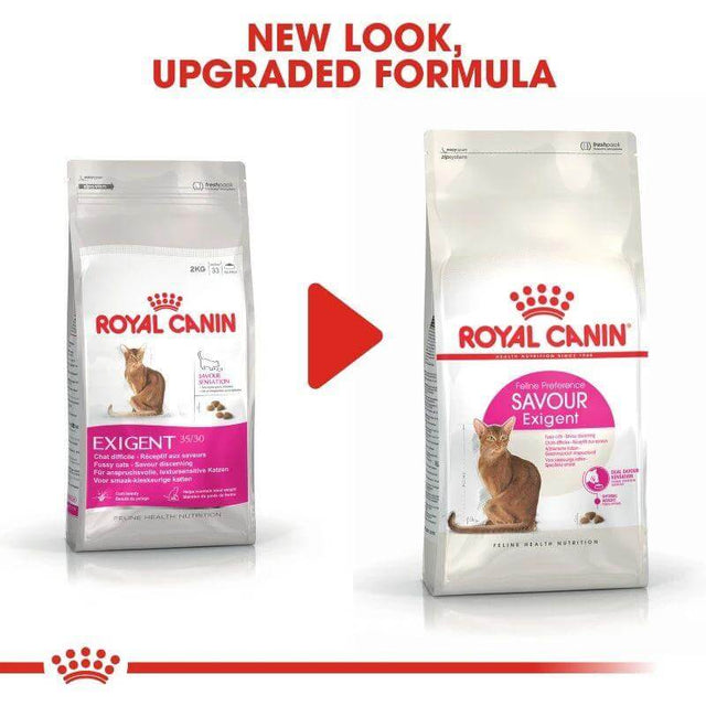 Royal Canin Exigent and Savour Exigent cat food bags showcasing new look and upgraded formula.