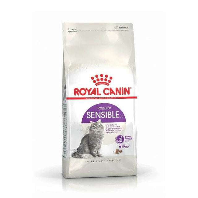 Royal Canin Sensible Cat Food packaging for adult cats with digestive sensitivity, promoting feline health and nutrition.