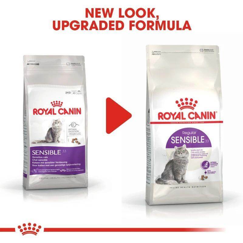 Royal Canin Sensible Cat Food packaging redesign showing new look and upgraded formula for better digestive health.