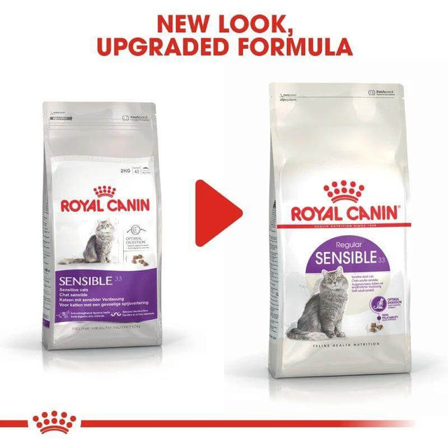 Royal Canin Sensible Cat Food packaging redesign showing new look and upgraded formula for better digestive health.