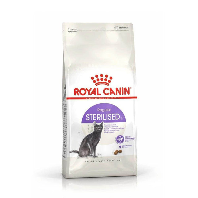 Royal Canin Sterilised 37 Cat Food 2kg packaging for neutered cats, promoting balanced nutrition and energy needs.