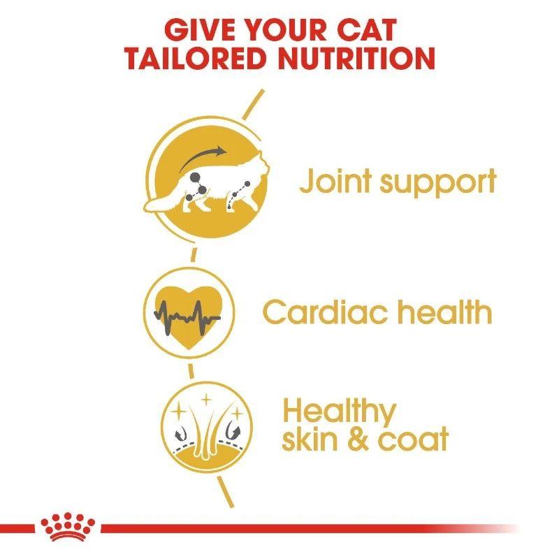 Infographic showing tailored nutrition benefits for cats: joint support, cardiac health, and healthy skin & coat.