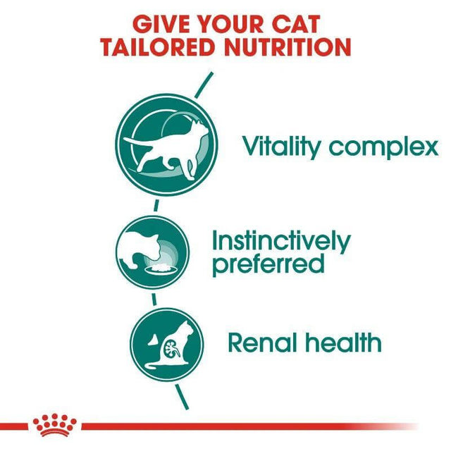 Infographic showing tailored nutrition for cats: Vitality complex, instinctively preferred, and renal health.