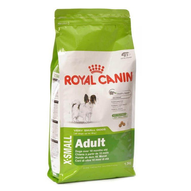 Royal Canin X-Small Adult Dog Food 1.5kg bag designed for very small dogs over 10 months, high-quality nutrition.