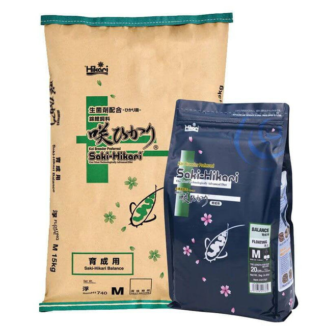Saki-Hikari Koi Balance packaging, premium koi food, promotes healthy growth and excellent feed efficiency for koi ponds.