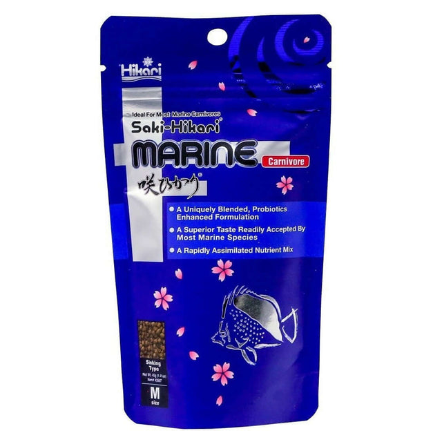 Saki-Hikari Marine Carnivore fish food 40g packaging featuring probiotic pellets for optimal marine nutrition.