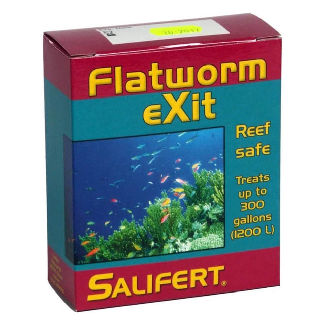 Salifert Flatworm Exit product box for reef aquariums, treats up to 300 gallons, effective against flatworms.