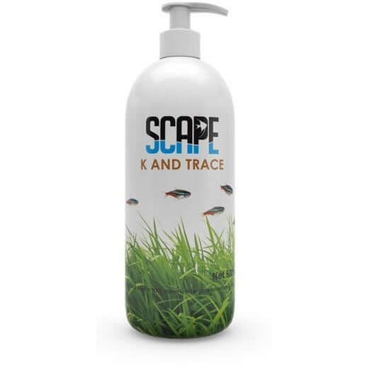 SCAPE K and Trace 500ml bottle designed for nourishing planted aquariums with potassium and essential trace elements.