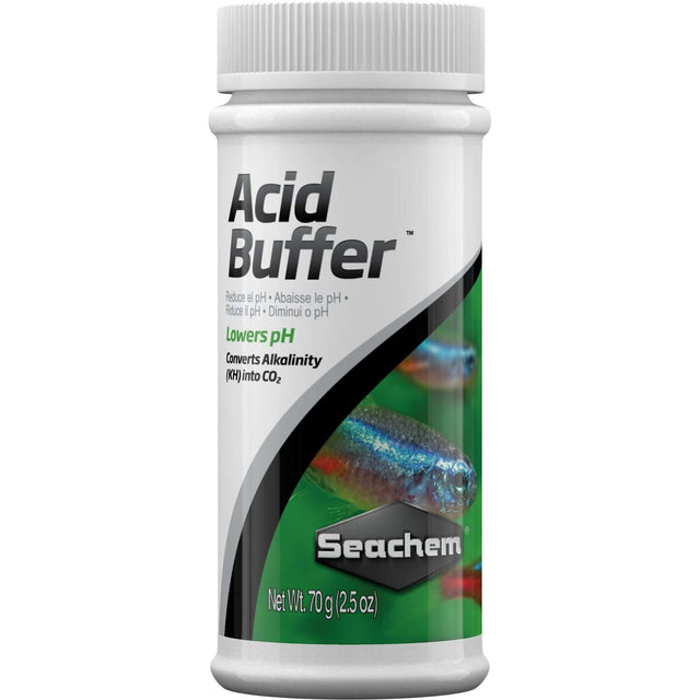 Seachem Acid Buffer product bottle for lowering pH in planted aquariums, 70g size, adjusts carbonate alkalinity into CO2.
