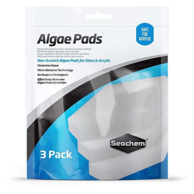 Seachem Algae Pads 3 Pack for glass and acrylic, made from melamine foam for effective algae removal without scratches.