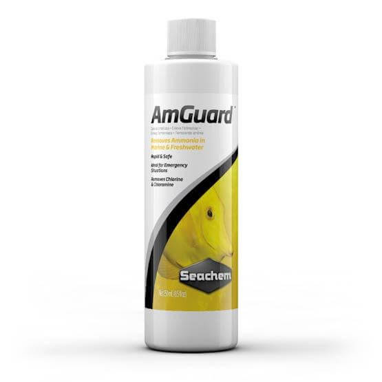 Seachem AmGuard bottle for detoxifying ammonia in marine and freshwater, ideal for emergencies and safe during cycling.