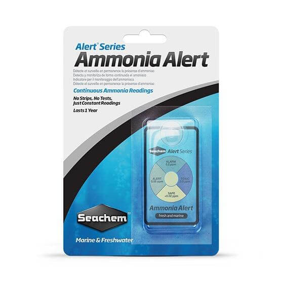 Seachem Ammonia Alert device in packaging, monitors ammonia levels in freshwater and marine environments, no tests required.